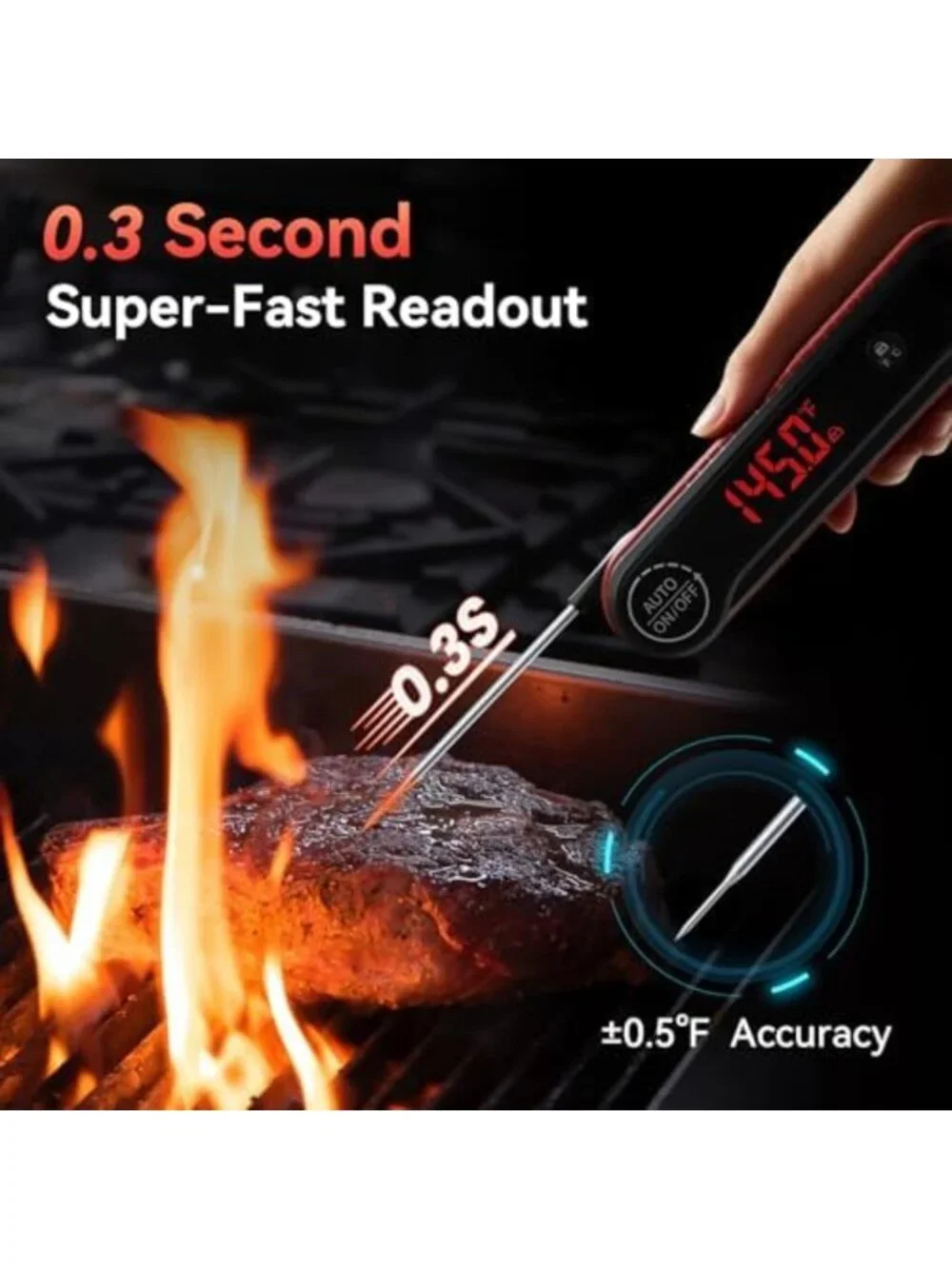 Instant Read Meat Thermometer, Waterproof, Quick 0.3s Read, Kitchen Tool